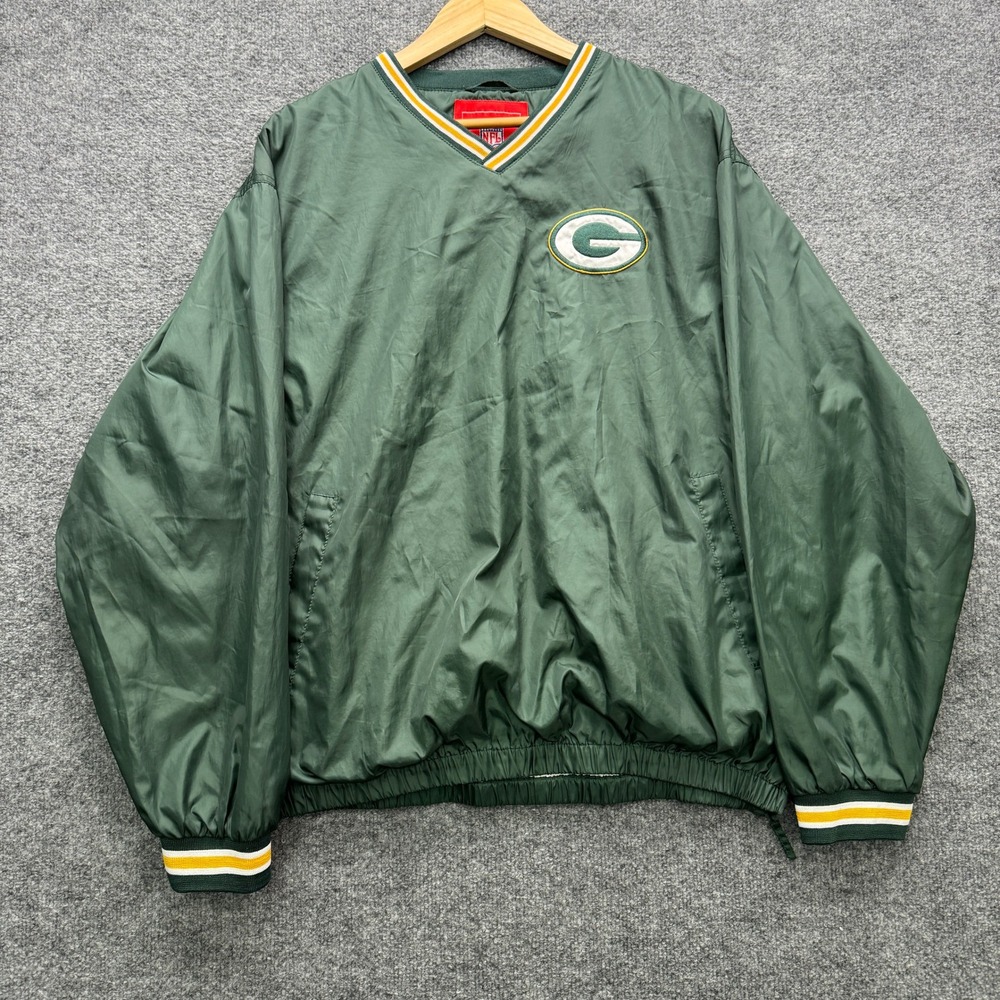 NFL Green Bay Packers Windbreaker Pullover Mens L Green V-Neck Vented Outdoor